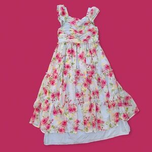 Girls Blue Pink Floral Rose Tiered Maxi Dress Size 8 Cottagecore